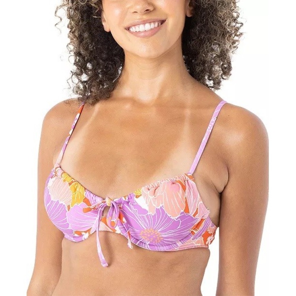 NWT Roxy Bikini Top Women S Lilac Floral Bell Bottom Blooms Ruched Underwire